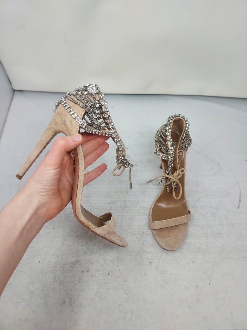 Aquazzura Olivia Palermo Crystal Tan Suede Heel Sandal